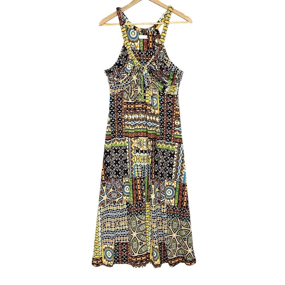 Patchwork‎ Print Babydoll Maxi Halter Dress Womens 6 Earthy Boho Chic Resortwear